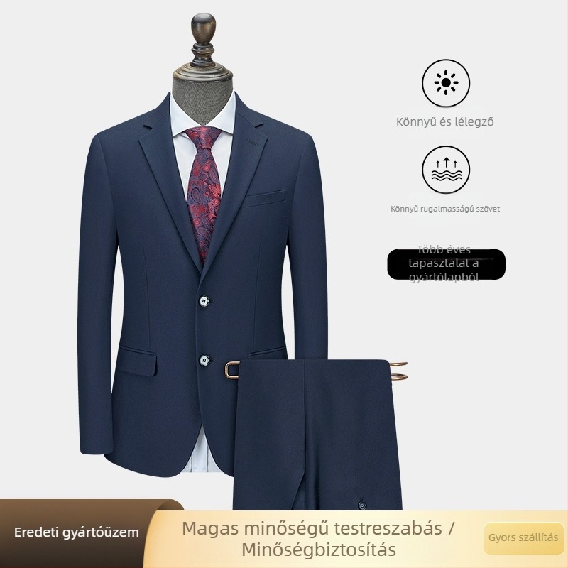 Férfi üzleti öltöny slim fit, sík gallér, kétgombos záródás, középső hátsó hasítás, viszkóz-alapú keverék