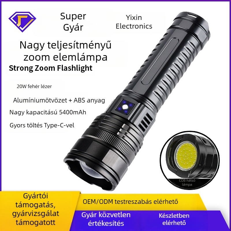 LED zseblámpa nagy teljesítményű zoommal, alumíniumötvözet test, 5400mAh újratölthető akkumulátor, 20W, 500m+-os hatótáv