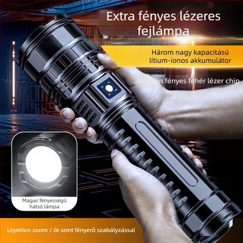 LED zseblámpa nagy teljesítményű zoommal, alumíniumötvözet test, 5400mAh újratölthető akkumulátor, 20W, 500m+-os hatótáv