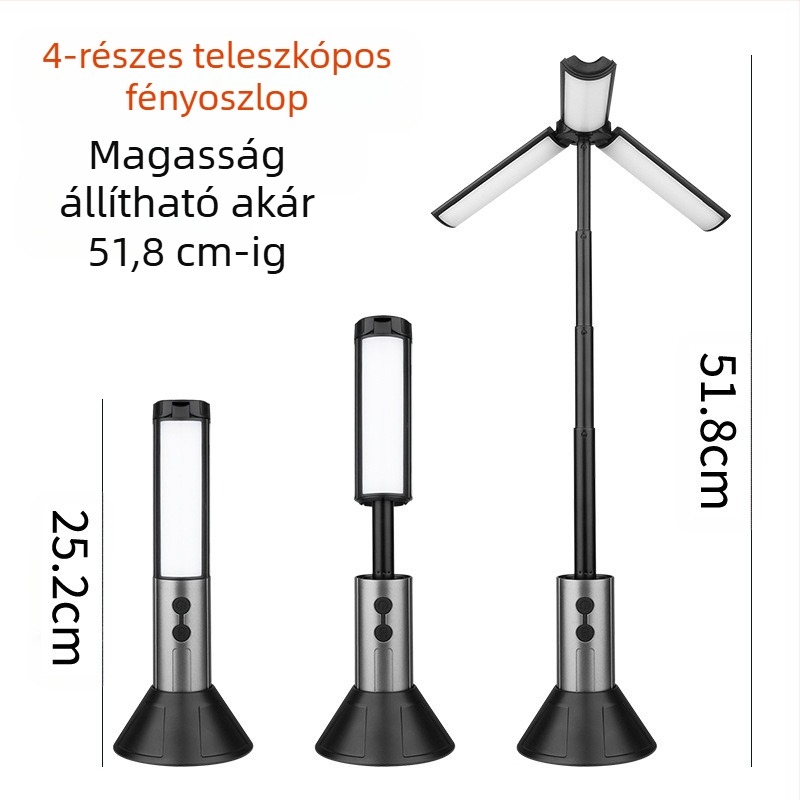 Multifunkcionális kempinglámpa, 51 cm-es teleszkópos LED lámpa, 270° állítható fény, újratölthető, 3000 mAh Power Bank