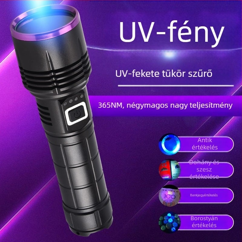 UV zseblámpa 365 nm-rel, Type-C töltés, bankjegy fluoreszcencia detektálás, 30W, alumíniumötvözet test