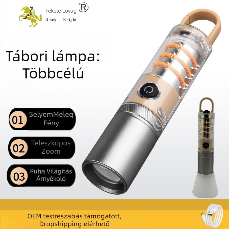 LED zseblámpa optikai zoommal, újratölthető, 10W, hatótáv 500 m-ig, kampóval