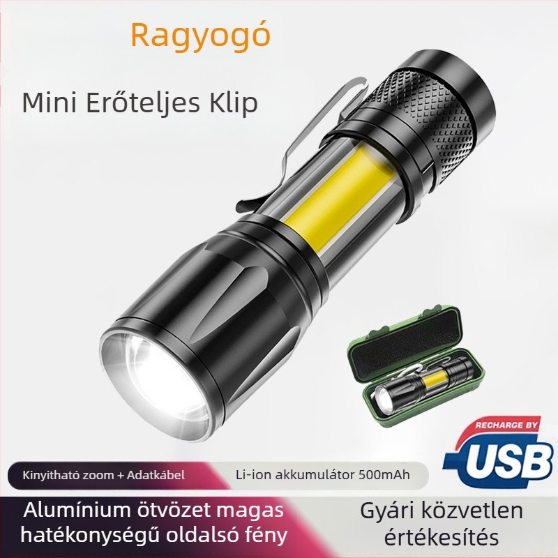 LED zseblámpa COB oldalsó fénnyel, teleszkópos zoom, USB töltés, 5W, 600mAh, 50–100 m hatótávolság