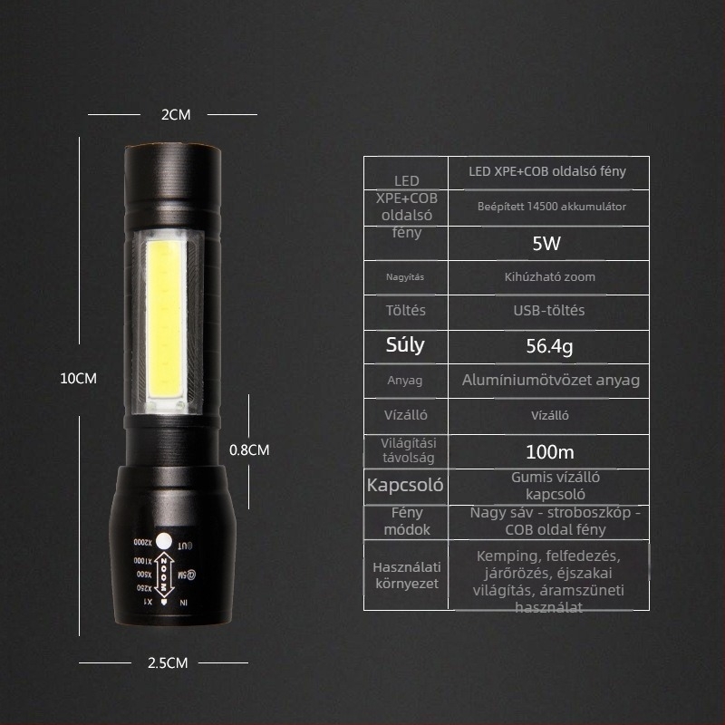 LED zseblámpa COB oldalsó fénnyel, teleszkópos zoom, USB töltés, 5W, 600mAh, 50–100 m hatótávolság