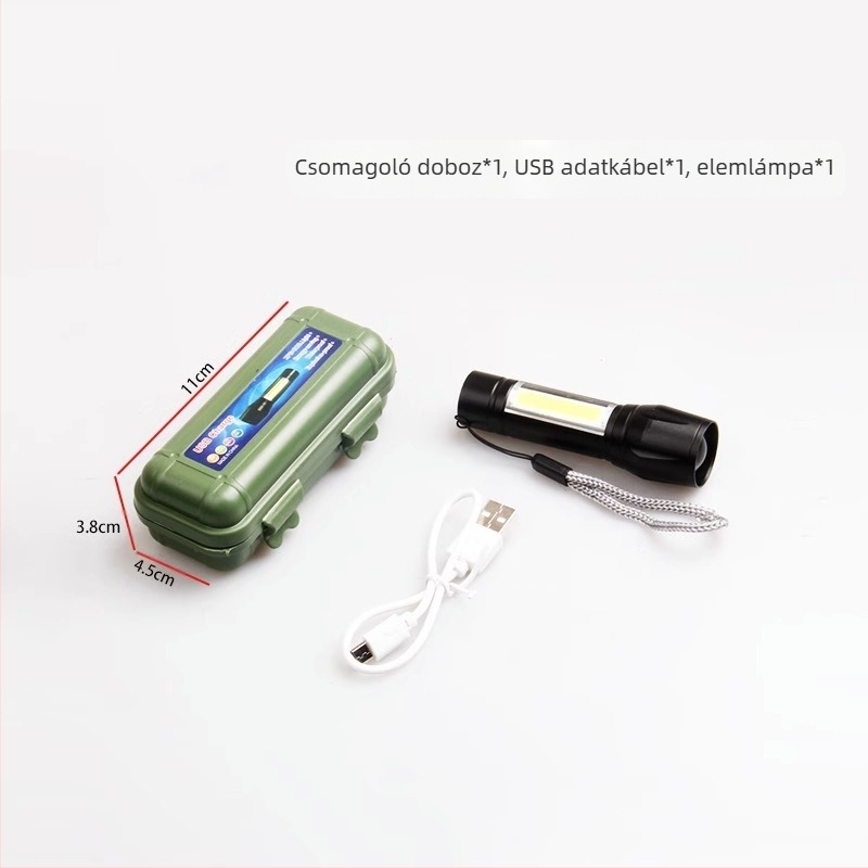 LED zseblámpa COB oldalsó fénnyel, teleszkópos zoom, USB töltés, 5W, 600mAh, 50–100 m hatótávolság