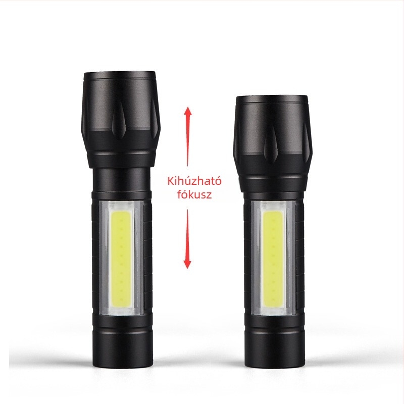 LED zseblámpa COB oldalsó fénnyel, teleszkópos zoom, USB töltés, 5W, 600mAh, 50–100 m hatótávolság