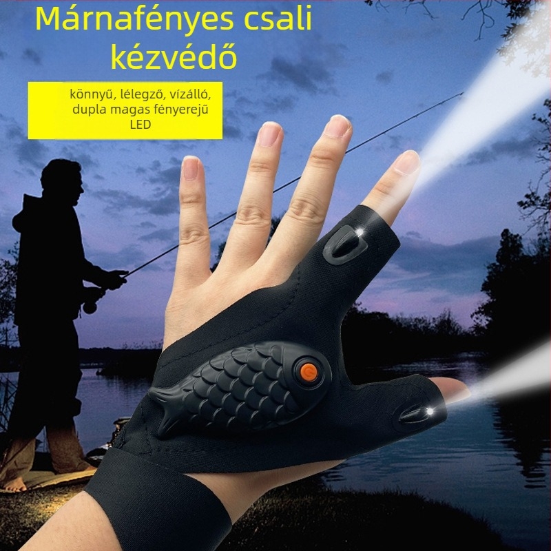 LED horgász kesztyű ujjas világítással, félujjas kialakítás, elastomer anyag, kültéri töltés éjszakai horgászathoz
