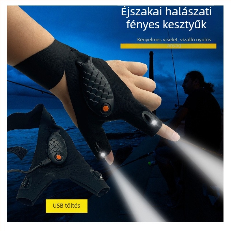 LED horgász kesztyű ujjas világítással, félujjas kialakítás, elastomer anyag, kültéri töltés éjszakai horgászathoz