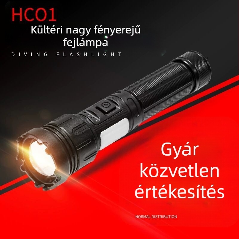 P50 teleszkópos zoom zseblámpa, 30W, 5000mAh újratölthető LED, alumíniumötvözet test, 200–500 m hatótávolság