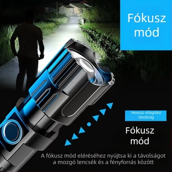 LED elemlámpa, újratölthető, 10W, 1200 mAh, 100–200 m hatótáv, optikai zoom