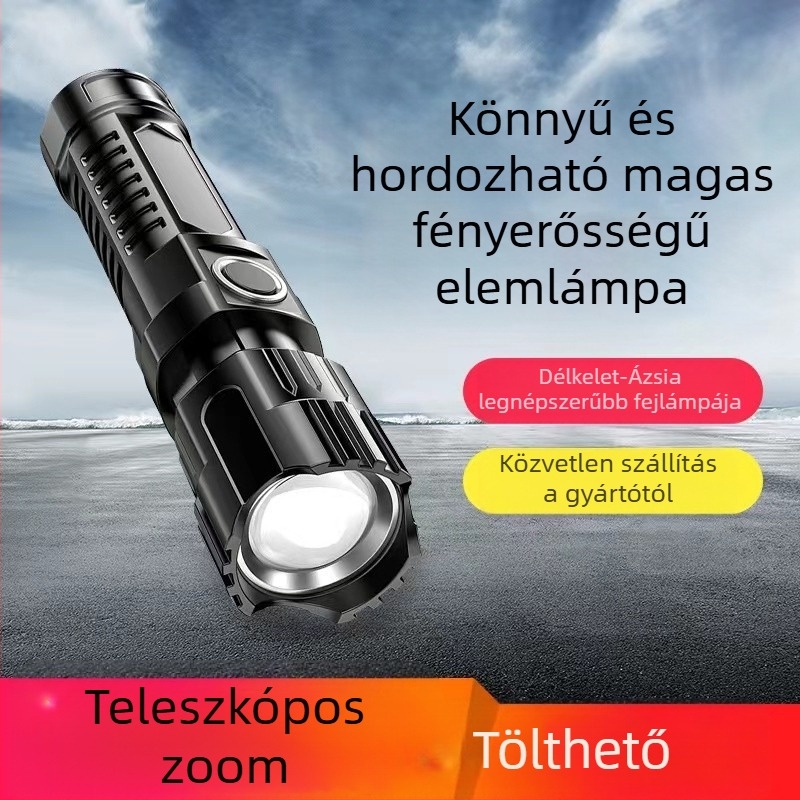 LED elemlámpa, újratölthető, 10W, 1200 mAh, 100–200 m hatótáv, optikai zoom