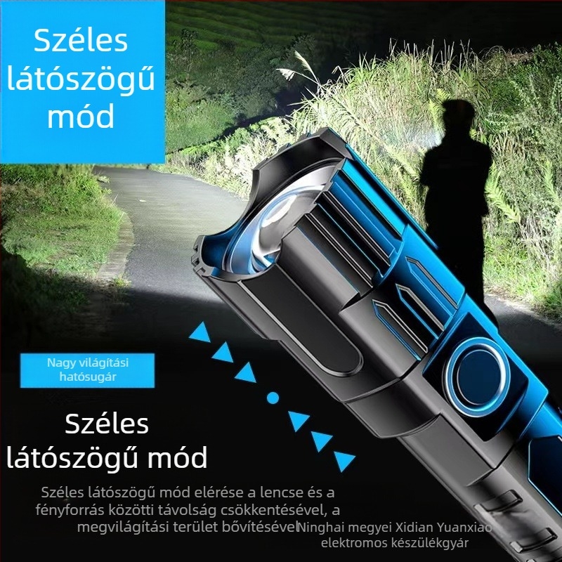 LED elemlámpa, újratölthető, 10W, 1200 mAh, 100–200 m hatótáv, optikai zoom