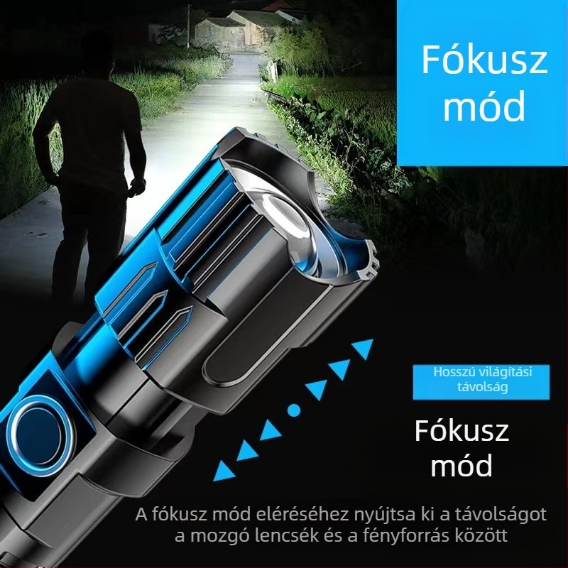 LED elemlámpa, újratölthető, 10W, 1200 mAh, 100–200 m hatótáv, optikai zoom