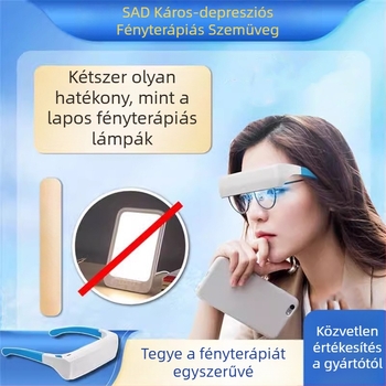 Fejre szerelhető fényterápiás szemüveg; alacsony intenzitású kék/fehér fény; beépített 300–500 mAh akkumulátor; üzemidő 1–3 óra; súly 65 g; méretek 185×165×42 mm; időzítő funkció