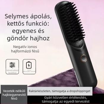 Vezeték nélküli hajkiegyenesítő és göndörítő fésű negatív ionokkal, USB-töltés, kerámiabevonat, 3 fokozatú hőmérséklet-szabályozás, 35W