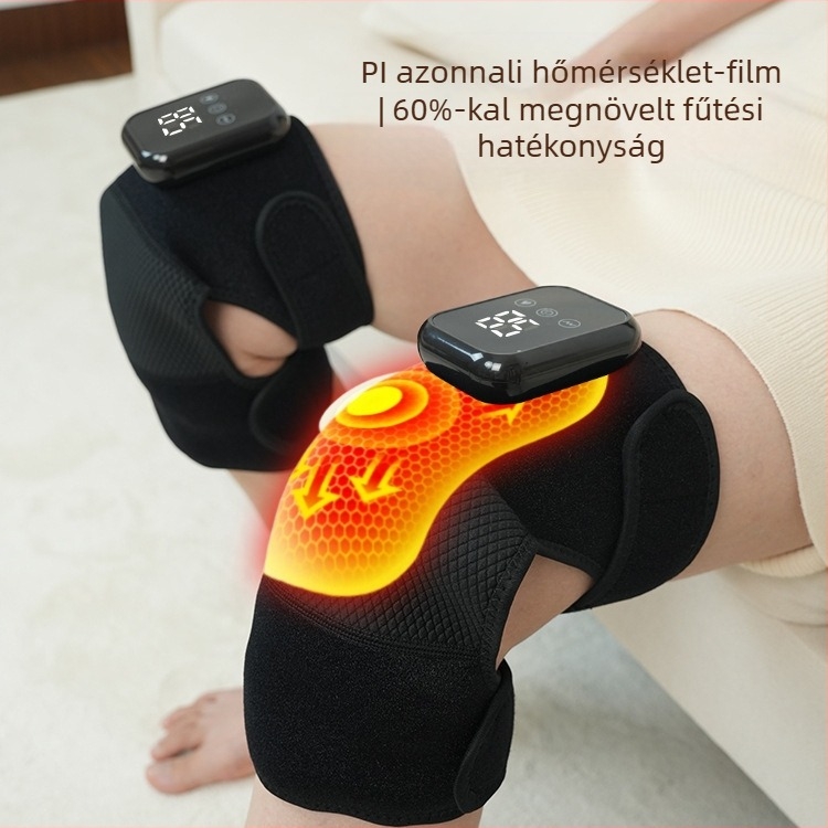 Térdmasszírozó fűtés és vibráció; melegítő térd párna forró kompresszióval; három szintű vibrációs és fűtési szabályozás; hőmérséklet 48–58°C; teljesítmény 8W; feszültség 5V