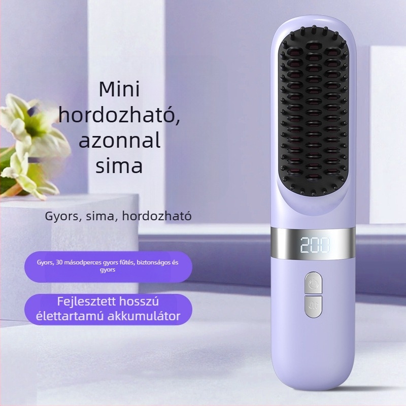 Vezeték nélküli hajvasaló fésű turmalin-kerámia lemezekkel, negatív ionok, 3 hőmérséklet beállítás, LCD kijelző