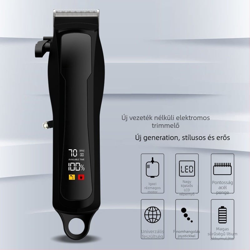 Elektronikus hajvágó digitális kijelzővel, újratölthető, vízálló, levehető és mosható rozsdamentes acél pengékkel, kefés motor, 1–3 órás akkumulátor-üzemidő