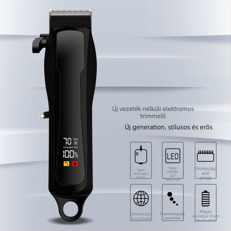 Elektronikus hajvágó digitális kijelzővel, újratölthető, vízálló, levehető és mosható rozsdamentes acél pengékkel, kefés motor, 1–3 órás akkumulátor-üzemidő