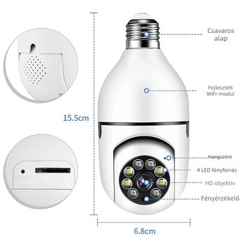 Vezeték nélküli lámpatestes felügyeleti kamera beltérre, 360° forgás, 720p HD, E27 lámpatest, éjszakai látás, alkalmazás támogatott