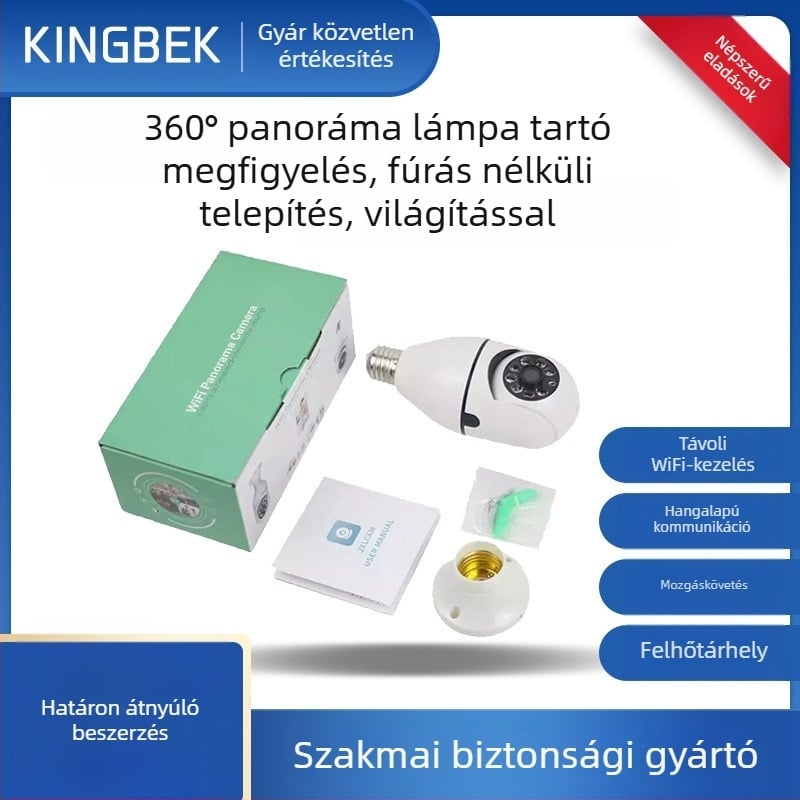 Vezeték nélküli lámpatestes felügyeleti kamera beltérre, 360° forgás, 720p HD, E27 lámpatest, éjszakai látás, alkalmazás támogatott