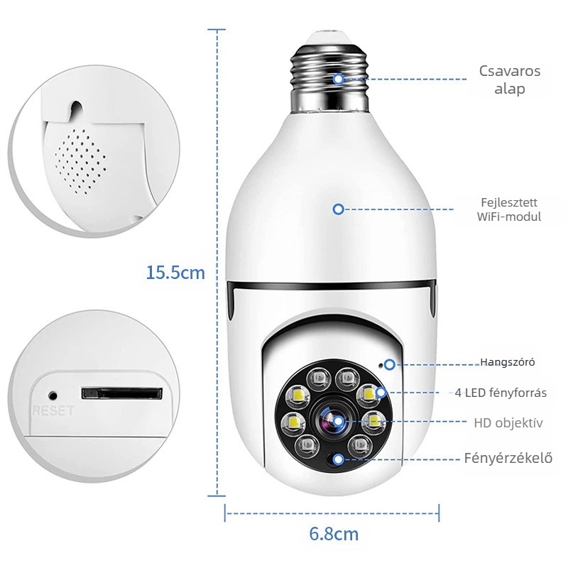 Vezeték nélküli lámpatestes felügyeleti kamera beltérre, 360° forgás, 720p HD, E27 lámpatest, éjszakai látás, alkalmazás támogatott