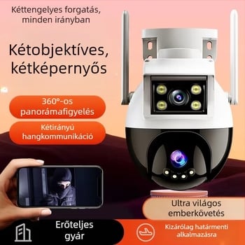 Kültéri vezeték nélküli WiFi megfigyelő kamera – stílus ball és bullet, minimális megvilágítás 1 lux, SNR > 48 dB, üzemi hőmérséklet 20–50°C, 12V 2A tápegység, beltéri és kültéri használatra.