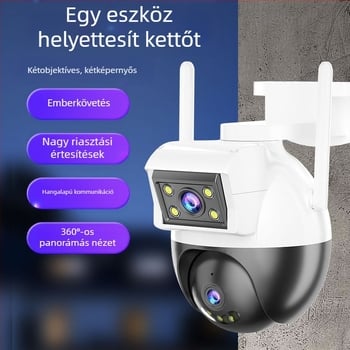 Kültéri vezeték nélküli WiFi megfigyelő kamera – stílus ball és bullet, minimális megvilágítás 1 lux, SNR > 48 dB, üzemi hőmérséklet 20–50°C, 12V 2A tápegység, beltéri és kültéri használatra.