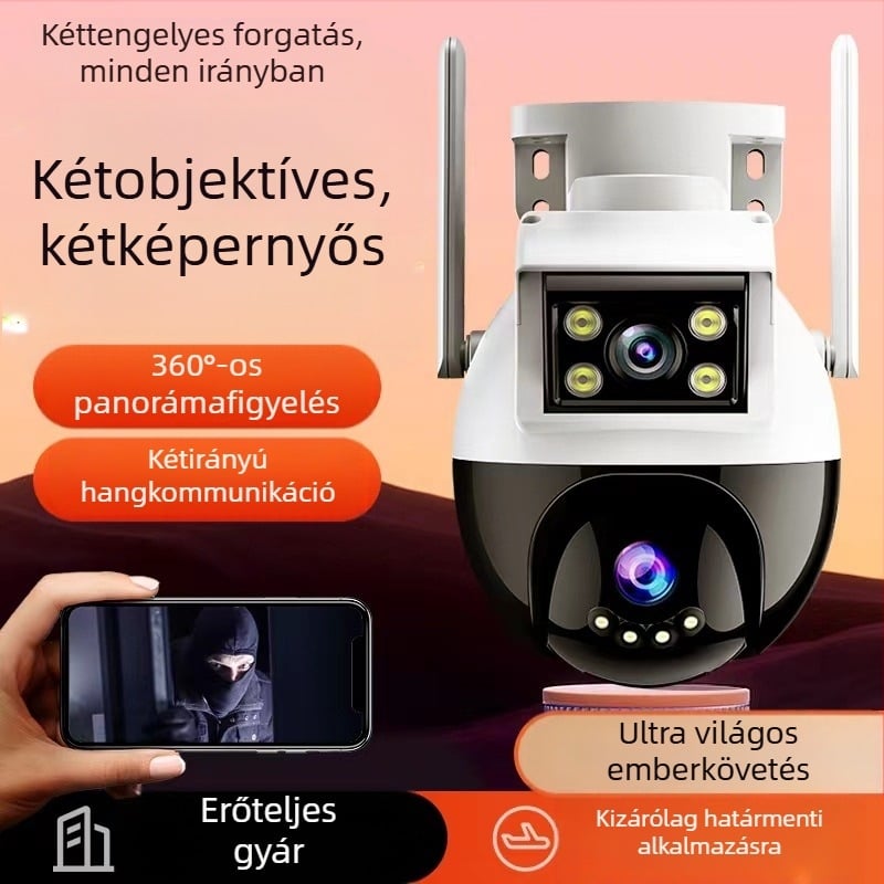 Kültéri vezeték nélküli WiFi megfigyelő kamera – stílus ball és bullet, minimális megvilágítás 1 lux, SNR > 48 dB, üzemi hőmérséklet 20–50°C, 12V 2A tápegység, beltéri és kültéri használatra.