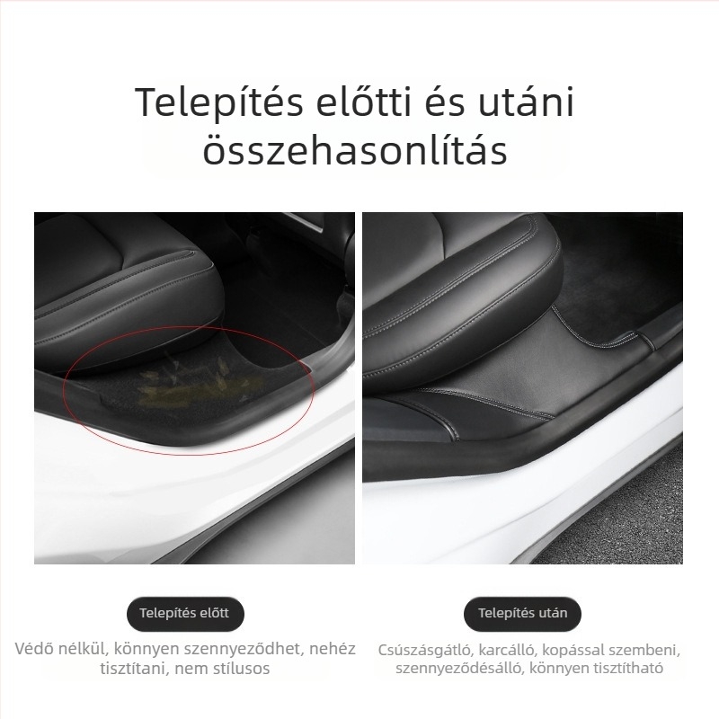 Tesla Model Y bőr belső küszöbprofil, hátsó küszöb beépített védőfilmmel a lábütés elleni védelemhez
