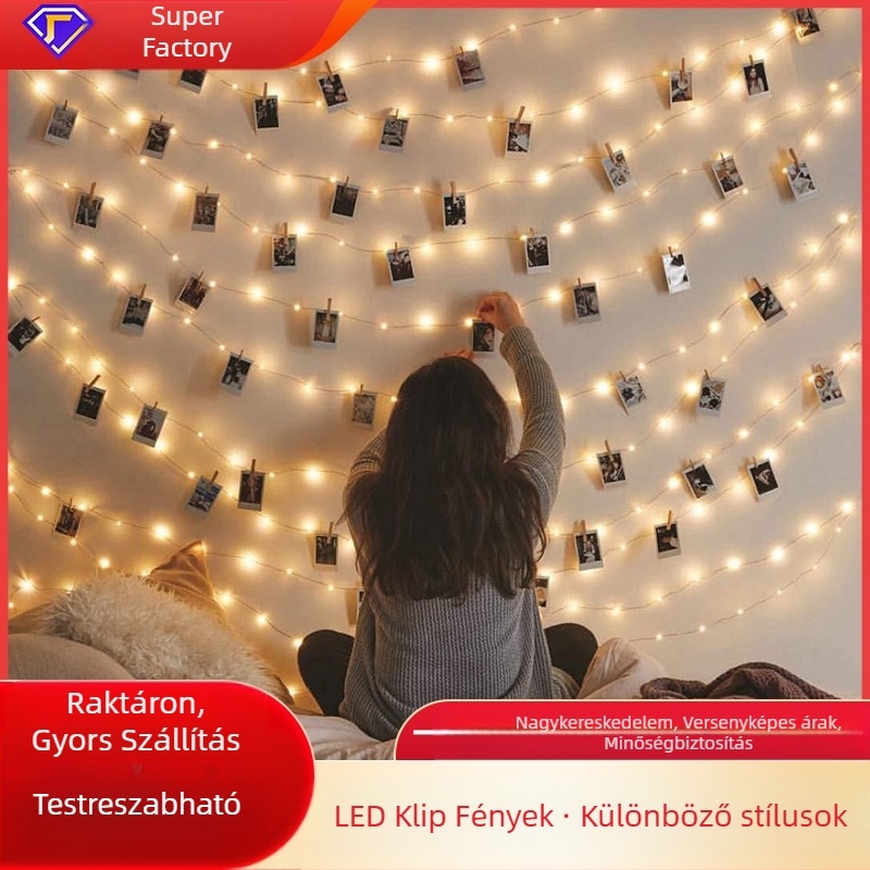 Rézdrótos fényfüzér klip a fotófalhoz – 50 LED, 5 m, 2700K, IP44, akkumulátoros tápegység