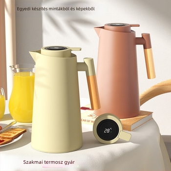 Vákuum-izolációs kávés kanna tömörfa nyéllel, európai stílus, üvegbelső, hőmérséklet kijelző, logó testreszabás