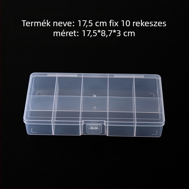 Műanyag asztali tároló doboz 10 rögzített rekeszel és fedéllel