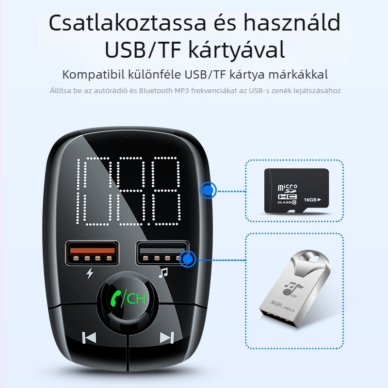 Autós MP3 lejátszó FM-rádióval, USB MP3, 12-24V tápegység, T50 modell