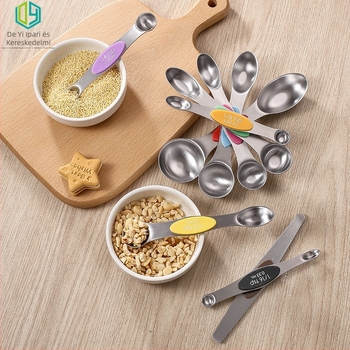 9 részes kettős végű mérőkanál készlet sütéshez, 430 rozsdamentes acélból, graduált poharakkal