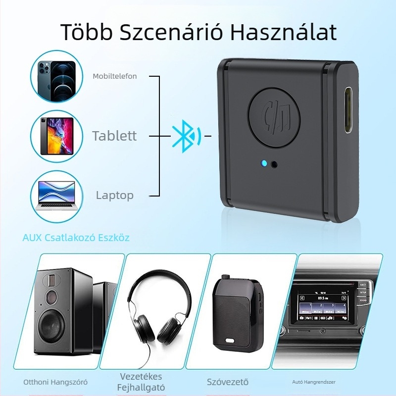 Autó Bluetooth adó-vevő készülék – 3,5 mm AUX port, Bluetooth 5.3, Modell B1, Tömeg 12 g