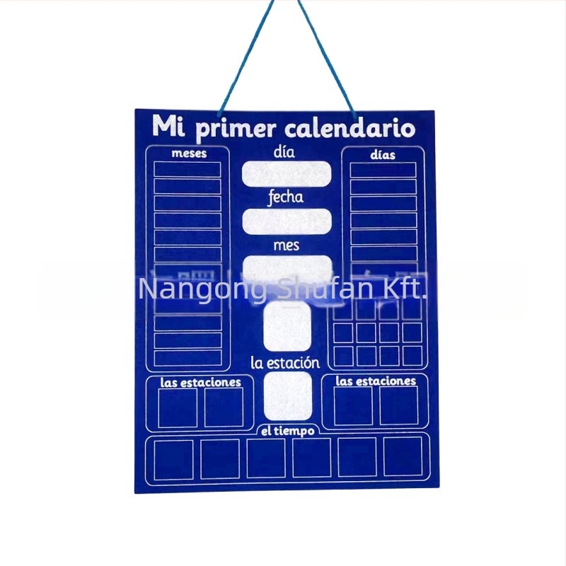 Filcből készült naptár tanuló tábla – kétnyelvű spanyol-angol, év-hónap-nap naptár, évszak és időjárás, oktatási interaktív játék 3–6 éveseknek