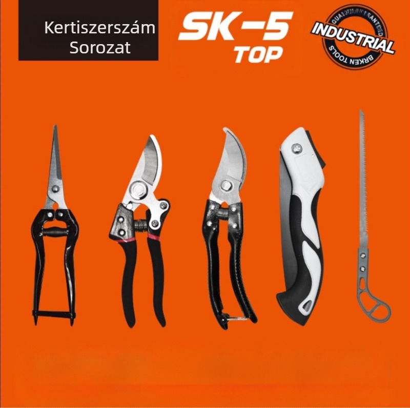 Brken öt részes kerti szerszámkészlet mangánacélból, metszőollóval és összecsukható fűrésszel, egy dobozban