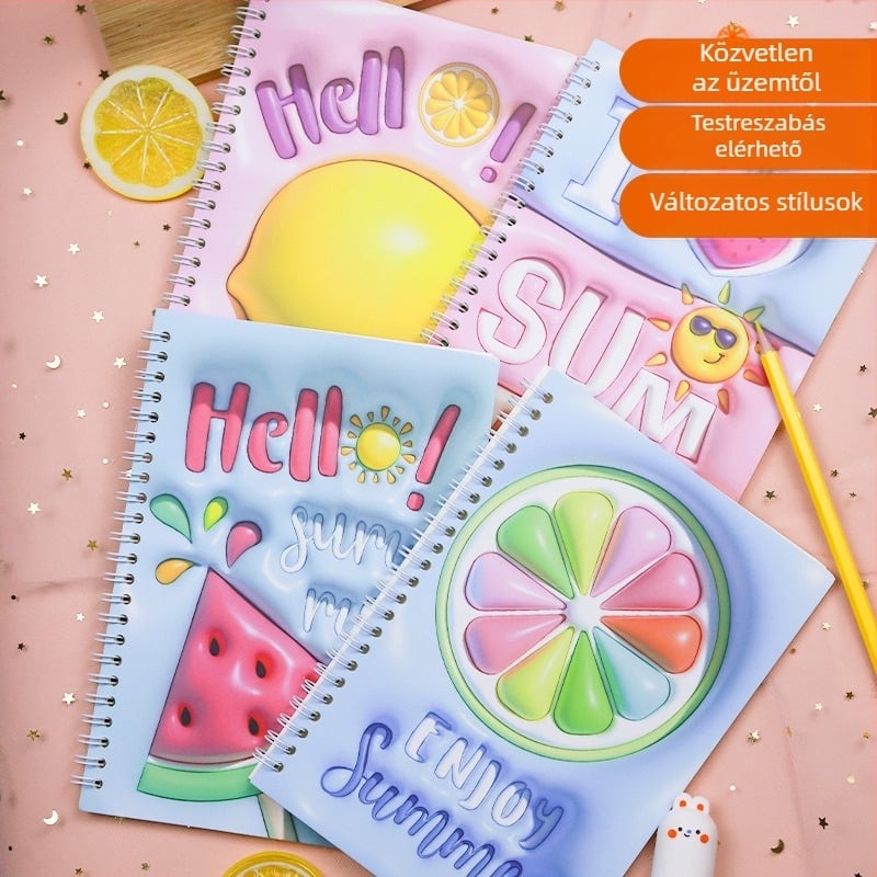 Textilborítású füzet, dinnyés karikatúra dizájn, ragasztott kötés, forest papír, 80 oldal, japán–koreai aranyos stílus