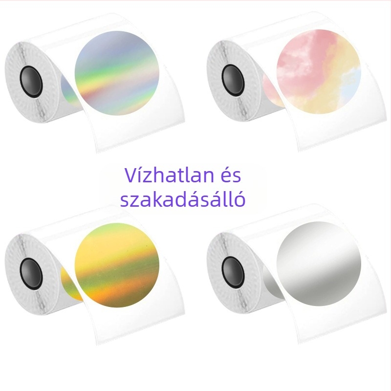 Háromvédelmet nyújtó önragasztó termoszintetikus címke; Formája: négyzet vagy téglalap; Ragasztó: víz alapú; Hosszú távú hőállóság: 80°C; Vastagság: 0,08 mm