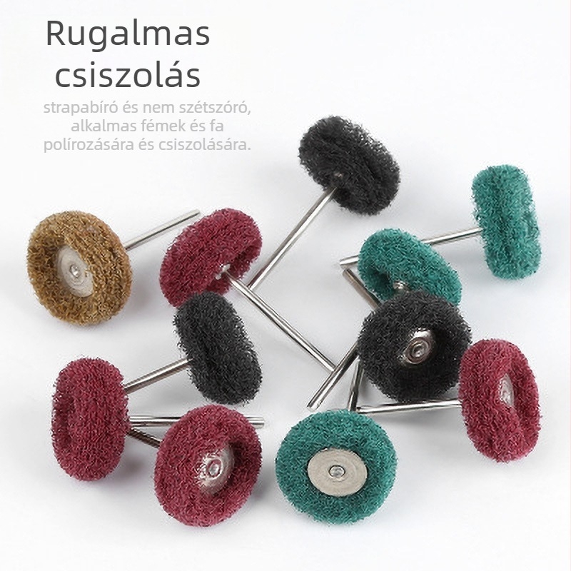 40 darabos nylon abrazív szivacs fejű csiszolófejek készlete fogantyúval; tartalmaz rostos csiszolófejet és huzalnyújtó fejet