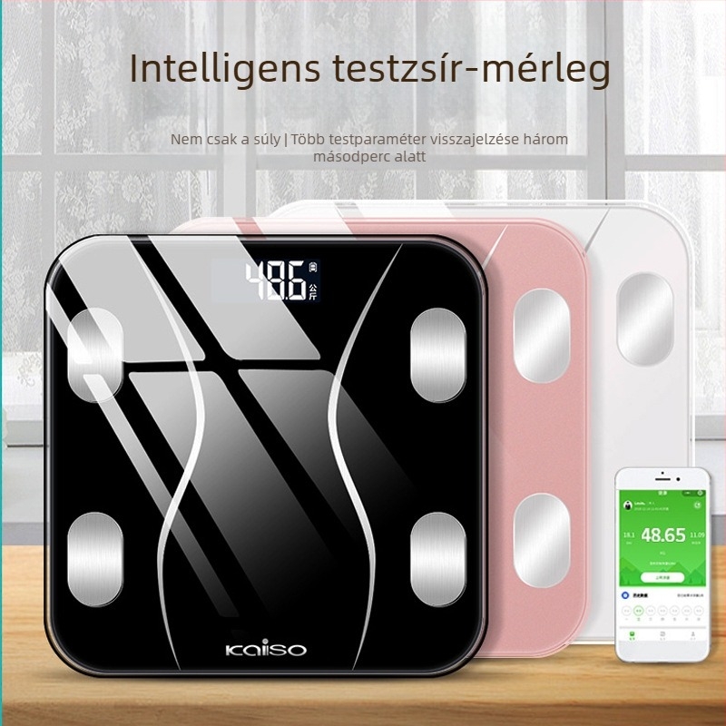 KAISO intelligens testzsírszámláló Bluetooth-kapcsolattal és alkalmazással, újratölthető elektronikus mérleg otthoni használatra, méri a testsúlyt, a testzsírt, a kalóriákat és a nedvességet, max. 180 kg