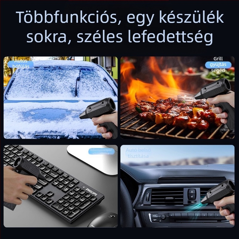 Kézi turbó ventilátor brushless motorral, kettős fújás és szívás, USB-táplálás, beépített 4000–6000 mAh akkumulátor, ABS ház