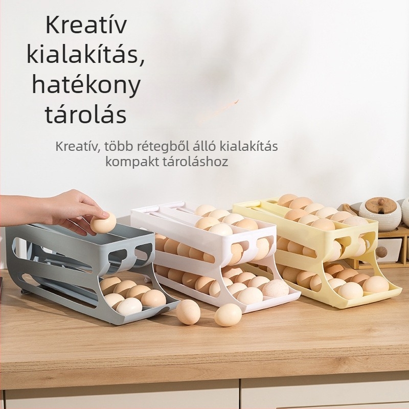 Csúszó tojás tároló doboz, három rétegű, dupla sor, műanyag, konyhapulton
