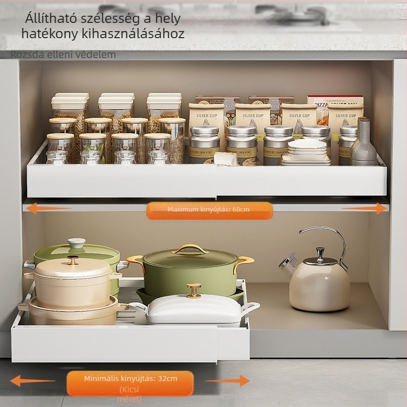 Behúzható konyhaszekrény rendező, szénacélból, összecsukható, mozgatható, szerelést nem igényel, többfunkciós