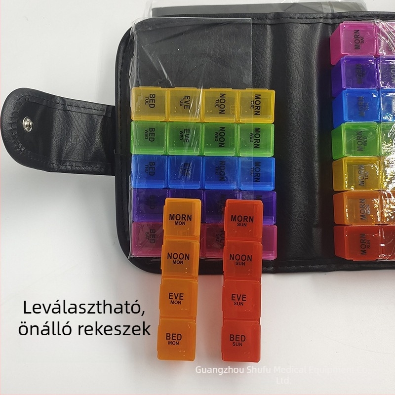 Leather Clip Pill Box Bőrklipszes tablettás doboz, műanyag PP+PU, 2L kapacitás, osztott rekeszekkel, Guangzhou eredetű