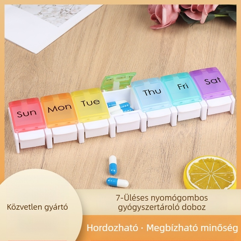 Tabletta doboz - 7 rekeszes heti tároló, PP műanyag, porálló fedél és rácsos elválasztó, modell 353