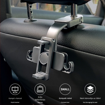 Autó hátsó ülés fejtámlájára szánt telefontartó, csatolt típusú, 360° forgás, teleszkópos, snap-on szerelés, univerzális kompatibilitás