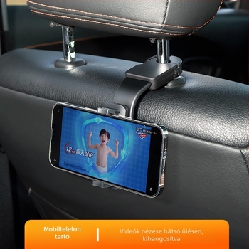 Autó hátsó ülés fejtámlájára szánt telefontartó, csatolt típusú, 360° forgás, teleszkópos, snap-on szerelés, univerzális kompatibilitás