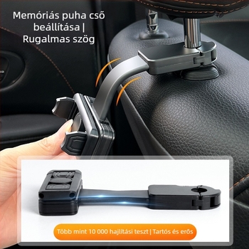 Autó hátsó ülés fejtámlájára szánt telefontartó, csatolt típusú, 360° forgás, teleszkópos, snap-on szerelés, univerzális kompatibilitás